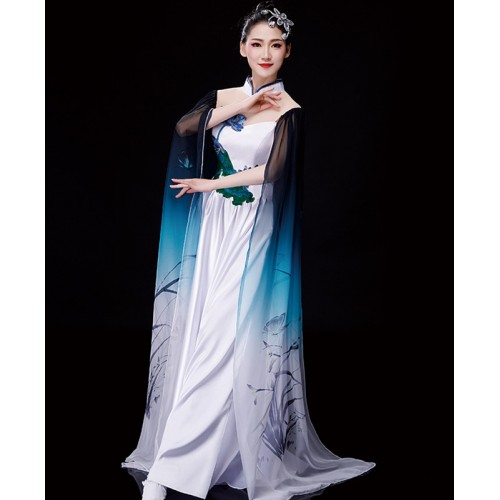 Blue green gradient chinese folk classical dance costumes fairy hanfu princess performance clothes female water sleeve chorus dance dress guzheng long skirt